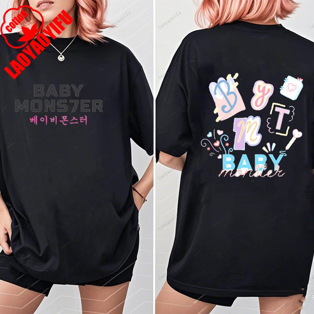 BABYMONSTER Kpop Band T-shirt Korean Fashion Summer Double Sided Tee Short Sleeve Cotton Comfortable Tshirts Women/Men Clothes