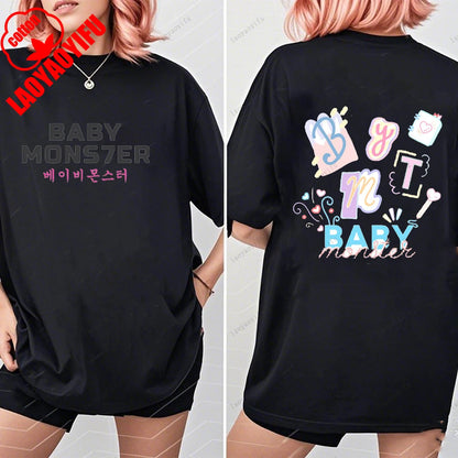 BABYMONSTER Kpop Band T-shirt Korean Fashion Summer Double Sided Tee Short Sleeve Cotton Comfortable Tshirts Women/Men Clothes
