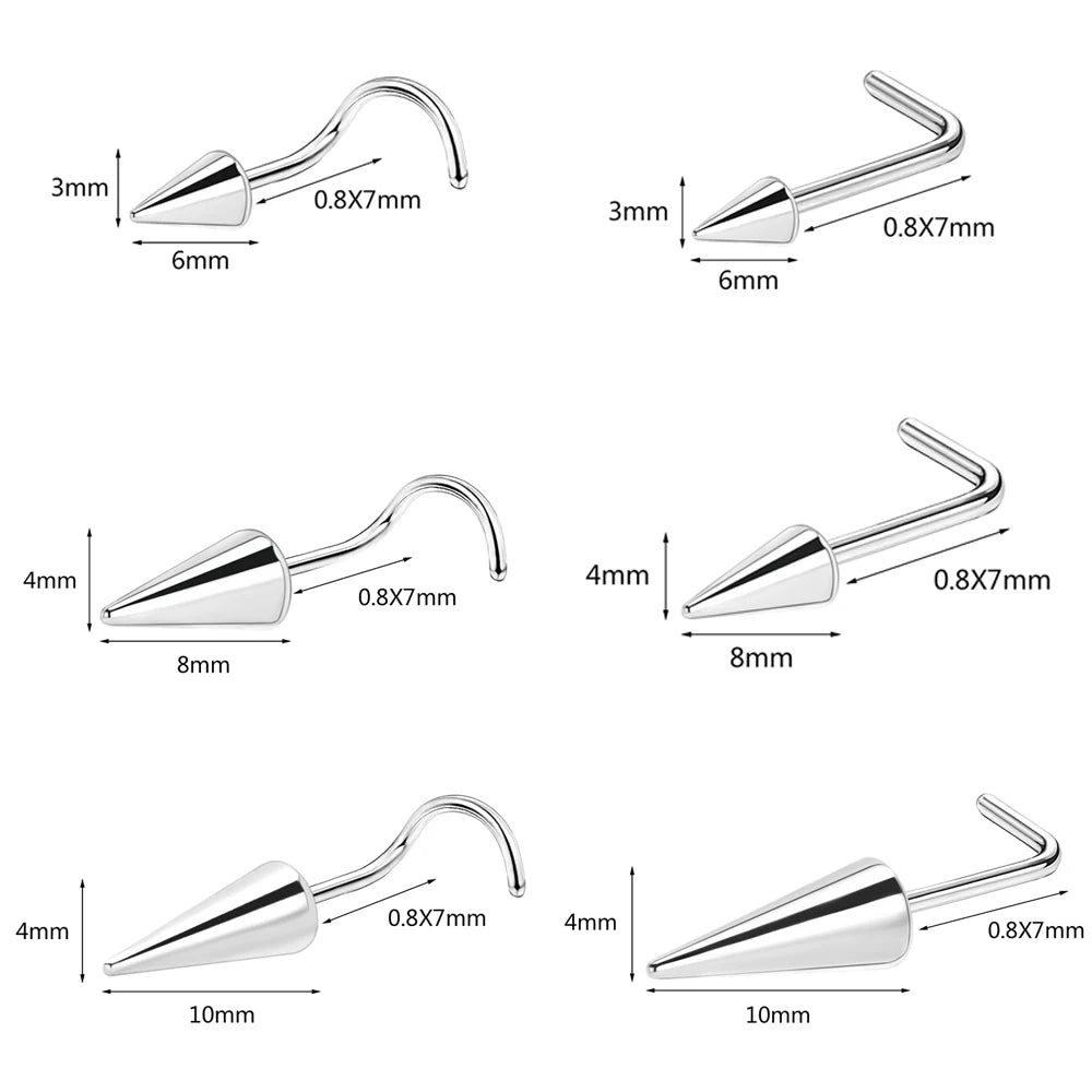 ZS 20G Black Spike Nostril Piercings Stainelss Steel Cone Nose Studs Doule Nose Piering Jewelry Long Spike Nostril Ring Chain