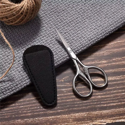 1pc Small Precision Scissors Stainless Steel Multi-Purpose Vintage Beauty Grooming Kit for Eyebrow Eyelash Beard with PU Sheath