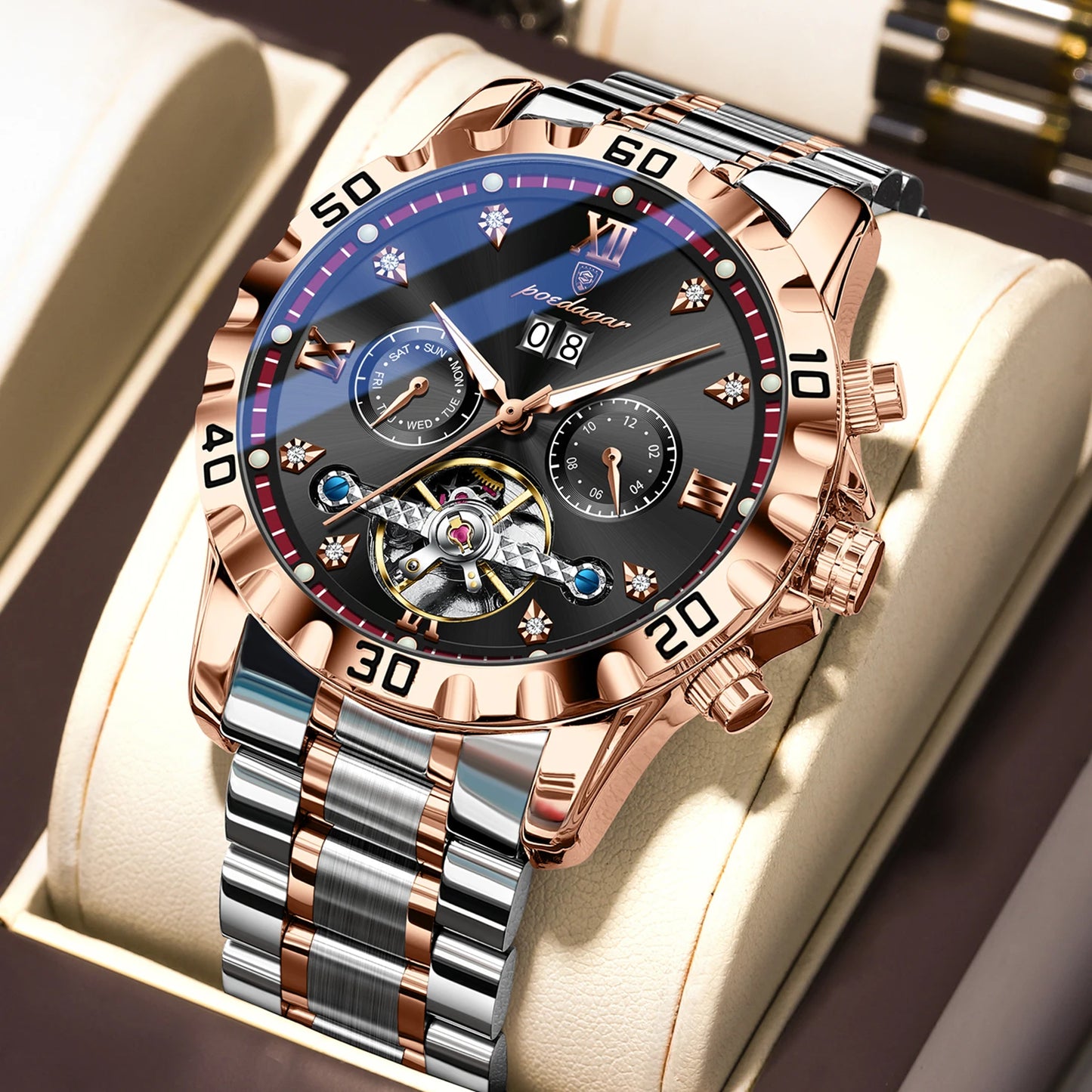 POEDAGAR Fashion Luxury Men Watch Automatic Date Week Man Wristwatch Hollow Tourbillon Mechanical Stainless Steel Men's Watches