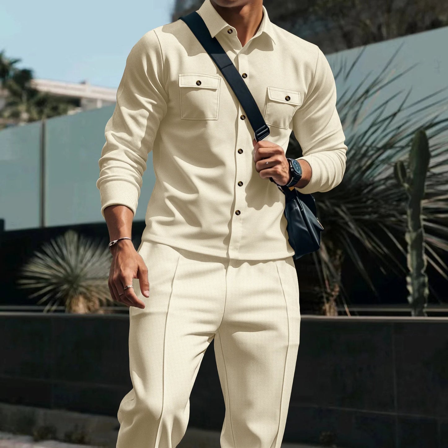 New Men's Four Seasons Outdoor Trendy Casual Waffle Solid Color workwear Button Pocket Coat Collar Top Pants Two Piece Set