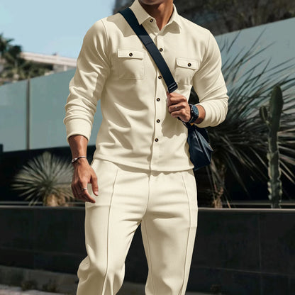 New Men's Four Seasons Outdoor Trendy Casual Waffle Solid Color workwear Button Pocket Coat Collar Top Pants Two Piece Set