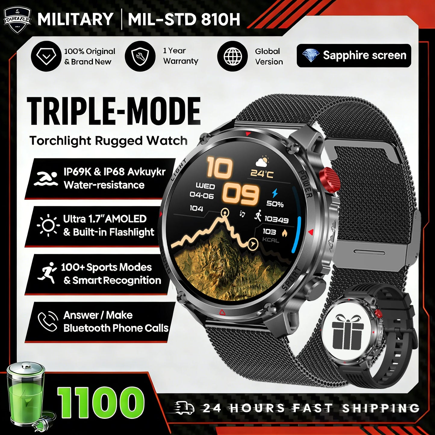 1100mAh Super Capacity Battery Military Outdoor Smart Watch Men 1.7inch Screen Compass Bluetooth Call 3ATM Waterproof SmartWatch