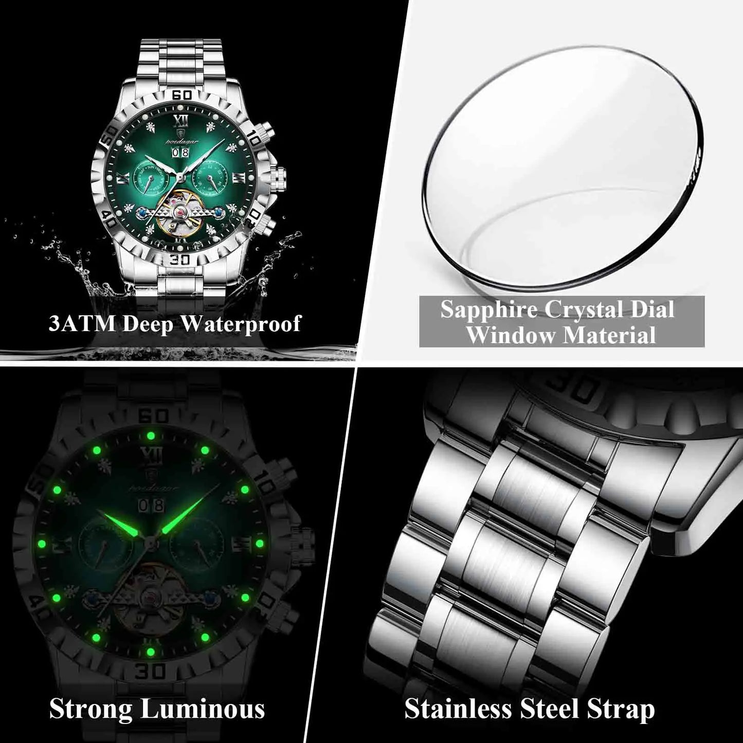POEDAGAR Fashion Luxury Men Watch Automatic Date Week Man Wristwatch Hollow Tourbillon Mechanical Stainless Steel Men's Watches