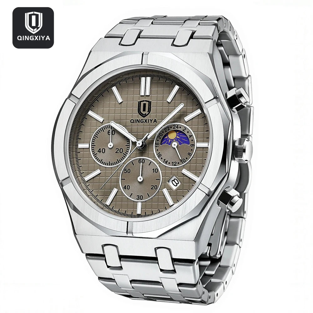 QINGXIYA Brand New Fashion Chronograph Quartz Watch for Men Stainless Steel Waterproof Luminous Date Luxury Men's Watches Reloj