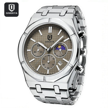 QINGXIYA Brand New Fashion Chronograph Quartz Watch for Men Stainless Steel Waterproof Luminous Date Luxury Men's Watches Reloj