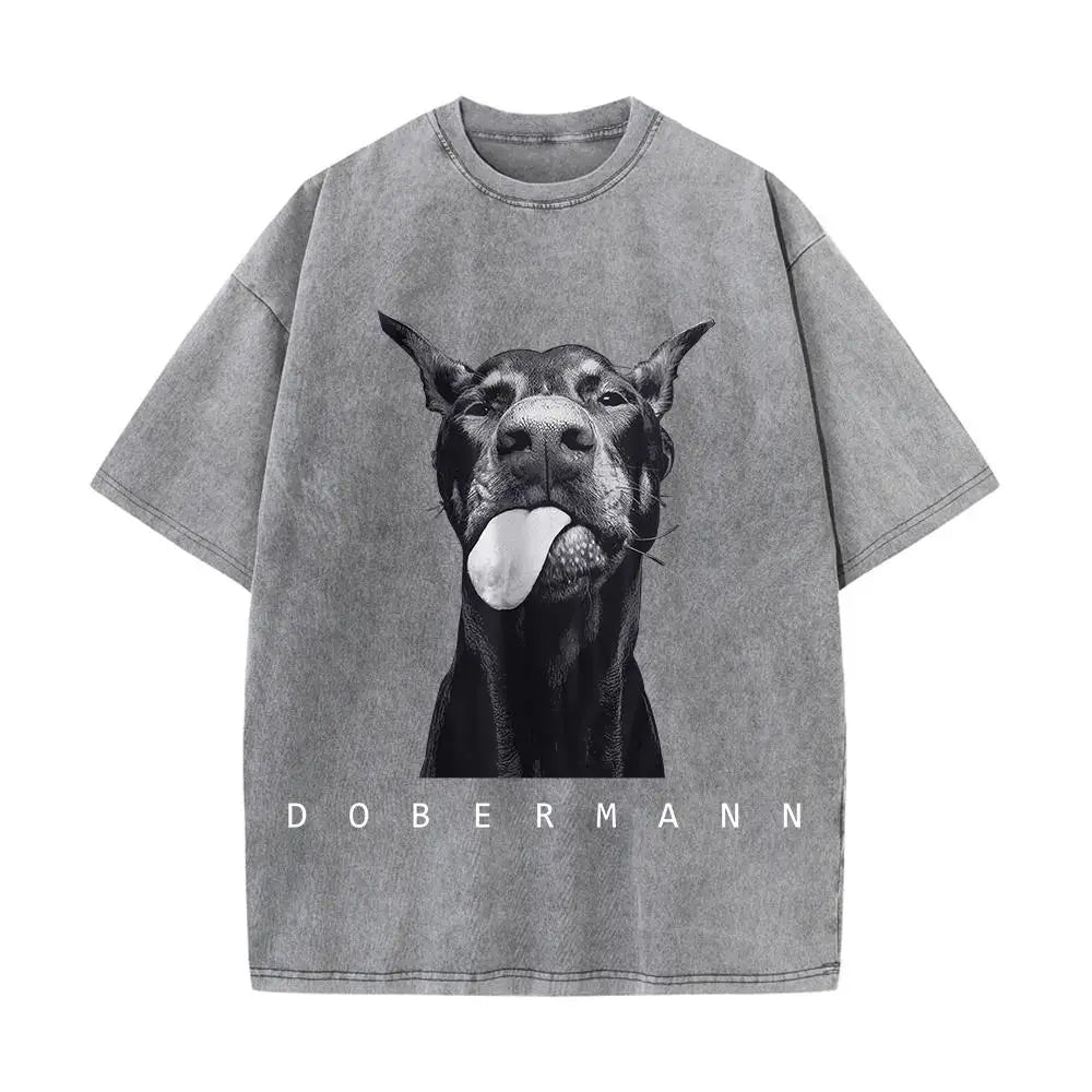 Womans Cotton Washed T-Shirts Fashion Creativity Doberman Printing Short Sleeve O-Neck Loose Distressed Street Female Clothes