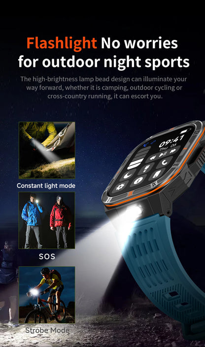 New Smart Watch Men 2.01"HD Screen 3ATM Waterproof Flashlight Health Monitor 1100mAh Battery Sport Bluetooth Call Smartwatch