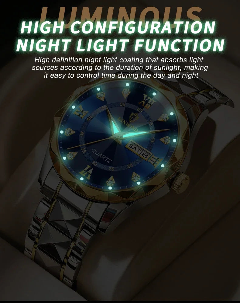 Binbang B2521 Men's Watch Waterproof Night Glow Double Calendar Watch Men's Business Quartz Watch Diamond Pointed Glass