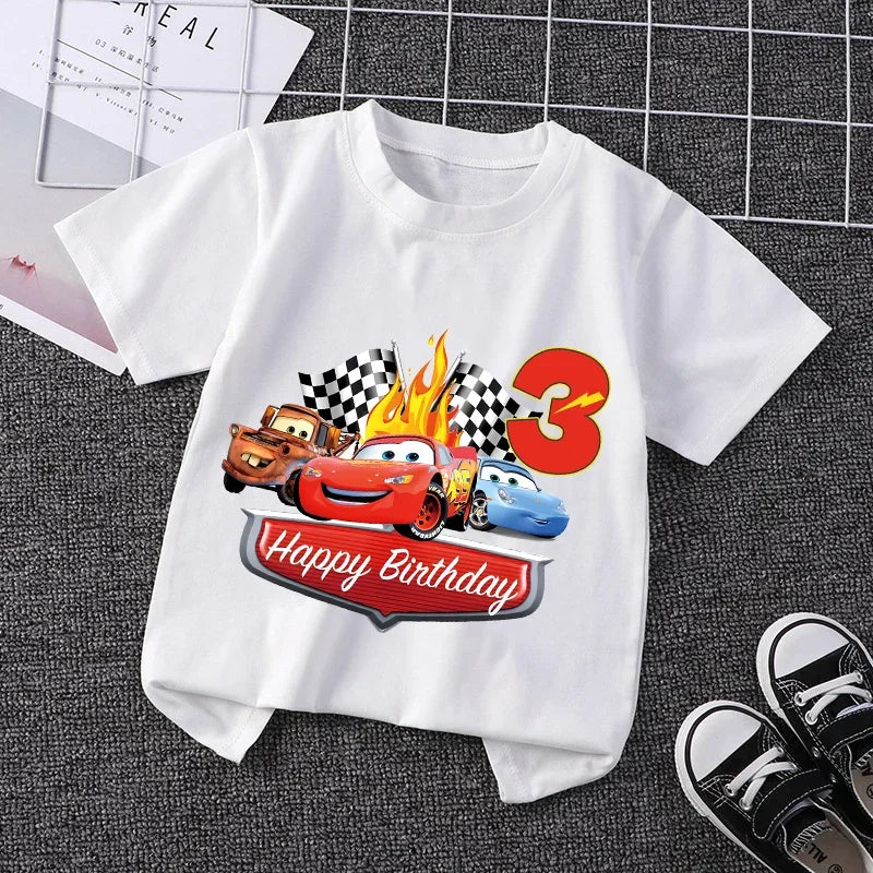 Lightning Mcqueen T-shirt for Boy Kids Clothes Birthday Number 1-9 Print Cars Tees Children Clothing Party Wear Cotton Tops Gift