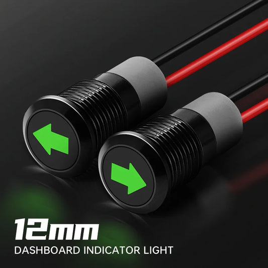 12mm Waterproof LED Indicator Light 12V Single Arrow Car Turn Signal 24V Green LED Metal Dashboard Pilot Lamp with 300mm Wire