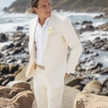 Linen Beach Wedding Suits for Men Slim Fit Groom Tuxedo Formal Prom 2 Pieces Male Fashion Jacket with Pants 2025
