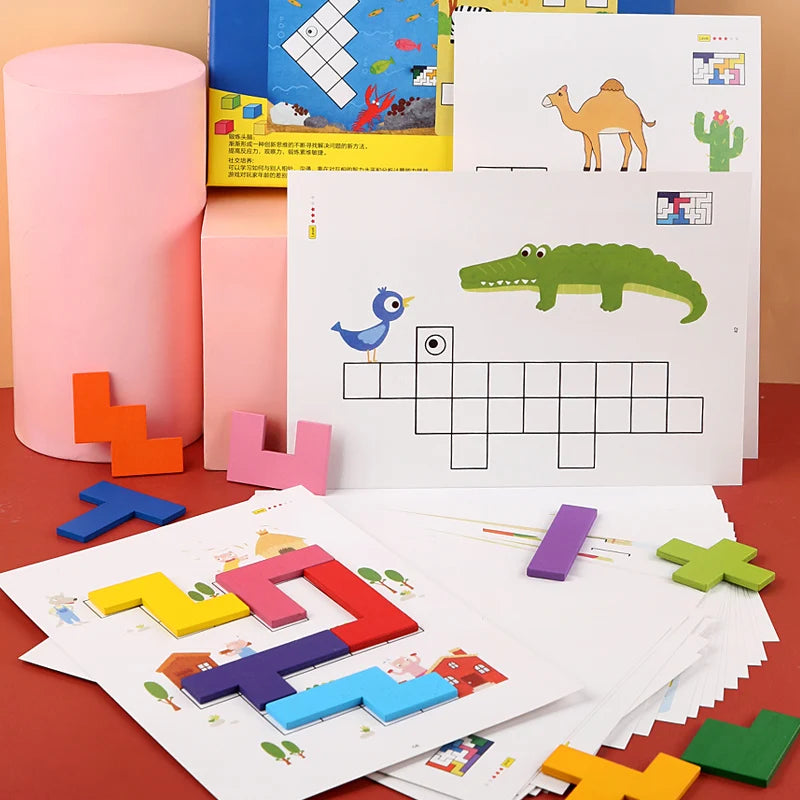 Wooden Shape Matching Puzzle Table Game Tangram Math Toys Building Blocks Board Geometric Shape Sorting Toy Colorful Puzzle Toy