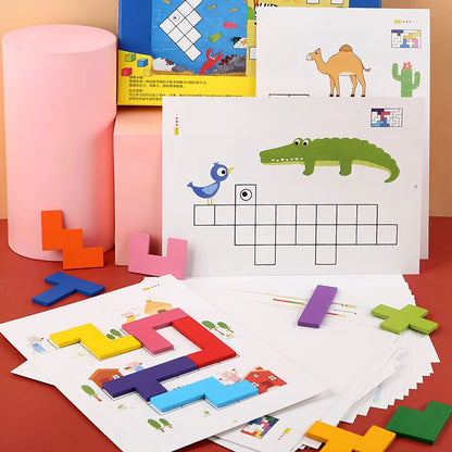 Wooden Shape Matching Puzzle Table Game Tangram Math Toys Building Blocks Board Geometric Shape Sorting Toy Colorful Puzzle Toy