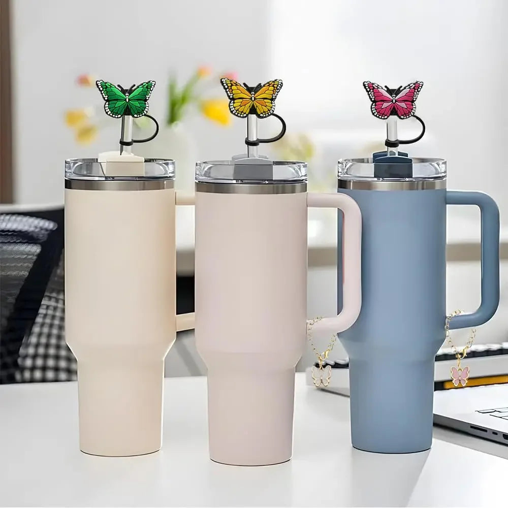 3pcs Accessories Set 1 Spill Proof Stopper Butterfly Straw Cover Boot 1 Straw and Brush and 1 Flower Charm Chain for Stanley Cup