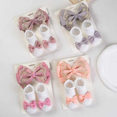 3Pcs/Set Solid Cotton Baby Non-Slip Socks Mini Ribbon Bows Boutique Gold Lace Elastic Hair Bands 0-12M Princess Girls Headwear