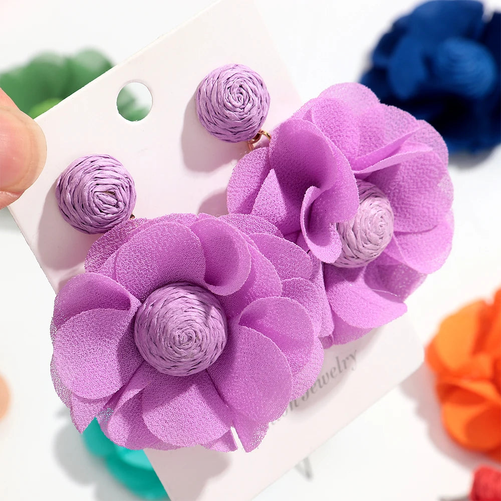 Summer Colorful Lafite Chiffon Flower Earrings for Women Boho Handwoven 3D Flower Fabric Drop Earring Beach Party Jewelry Gifts