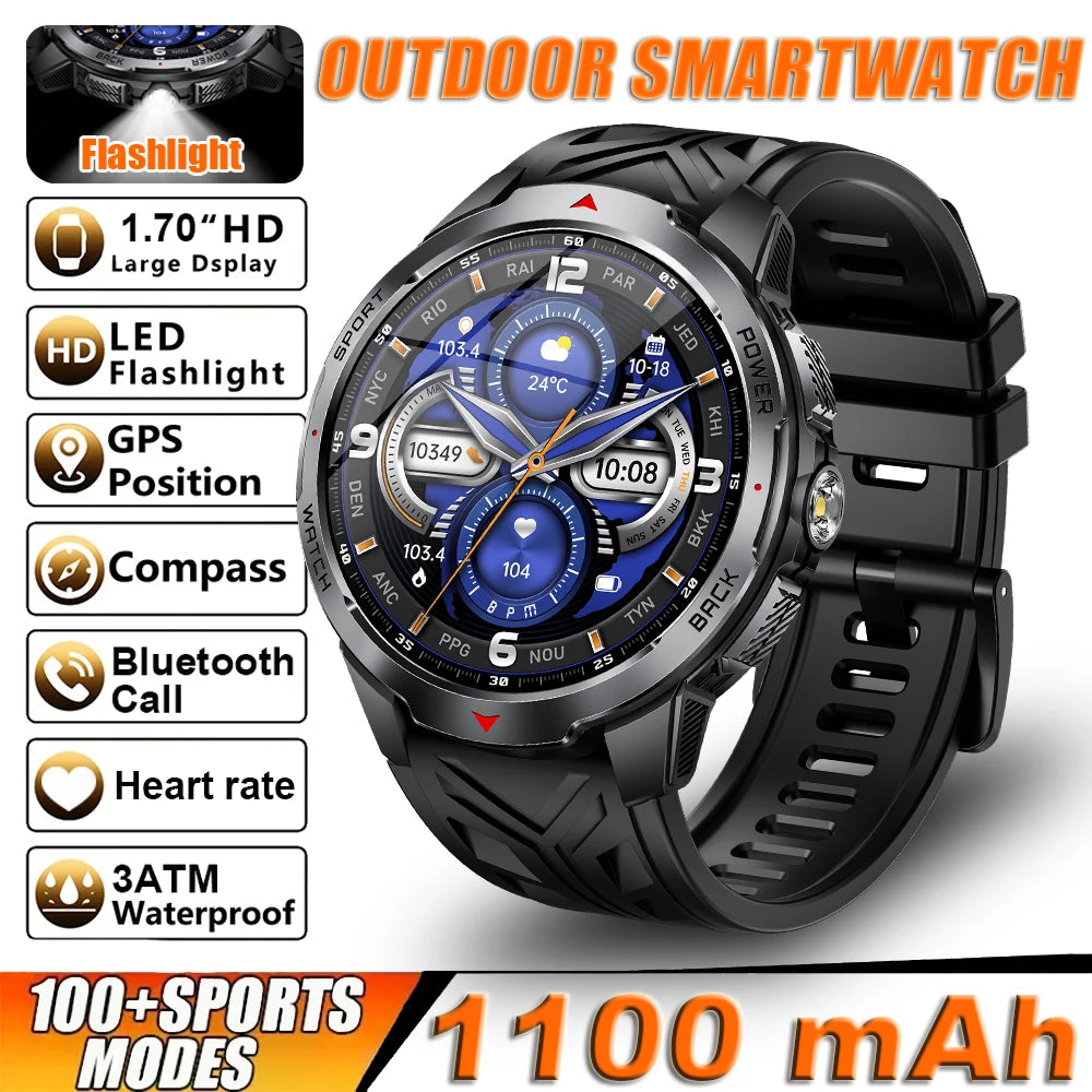 2026 New Smart Watch Men with Flashlight Sports 3ATM Waterproof 1100 mAh Large battery BT Call  Man for Android iOS Smartwatch