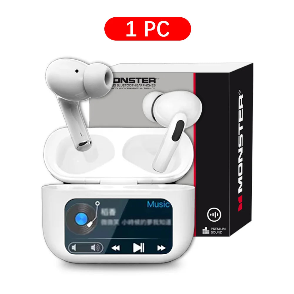 MONSTER Wireless Bluetooth 5.3 Earphones LCD Touch Screen Headphones ANC Noise Reduction Headset Built In HD Mic  Music Earbuds