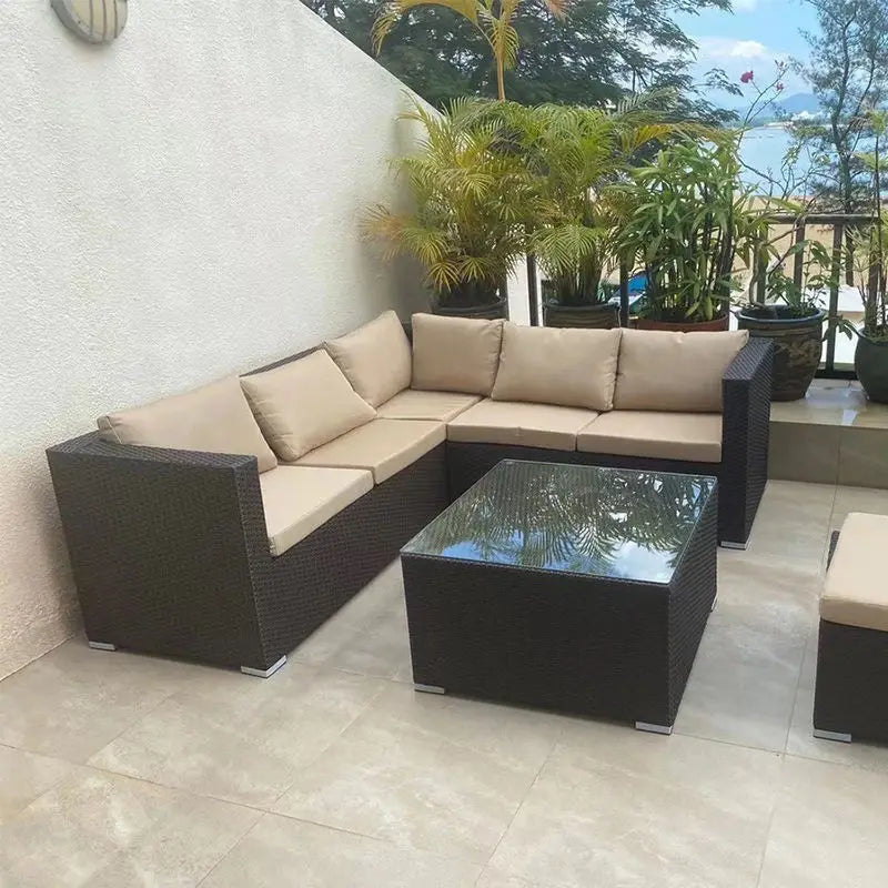 Rattan Garden Furniture Set, Outdoor Corner Sofa Couch, Handwoven Rattan Patio Conversation Set, Cushions and Glass Table