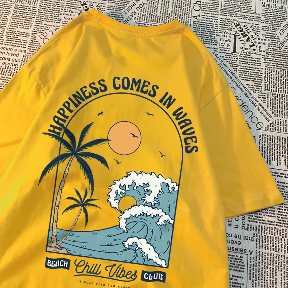 Happiness Comes In Waves Printing Men Women Clothes Fashion Loose Tops Creativity Casual T Shirt Pattern Loose Tshirts Couple