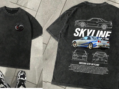 Mens Cotton T Shirt Casual Summer Short Sleeve Racing Car Graphic Print JDM Style Streetwear Comfortable Fashion Daily Wear Top