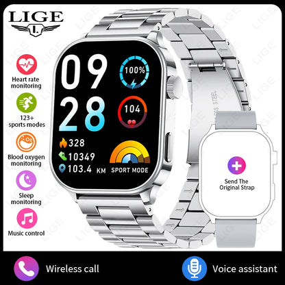 LIGE NEW Smart Watch Daily Monitoring Voice Assistant Wireless Call Notification Music Control Men Women Waterproof Smartwatch