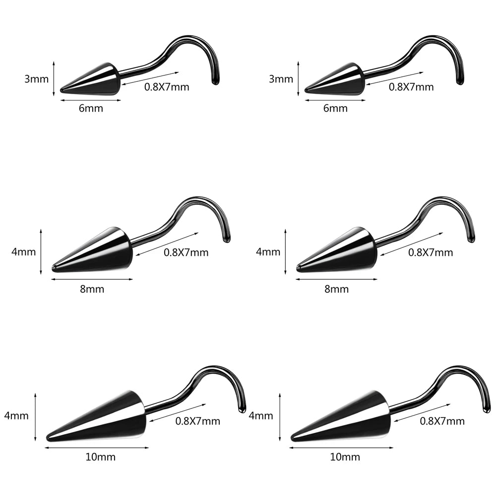 ZS 20G Black Spike Nostril Piercings Stainelss Steel Cone Nose Studs Doule Nose Piering Jewelry Long Spike Nostril Ring Chain