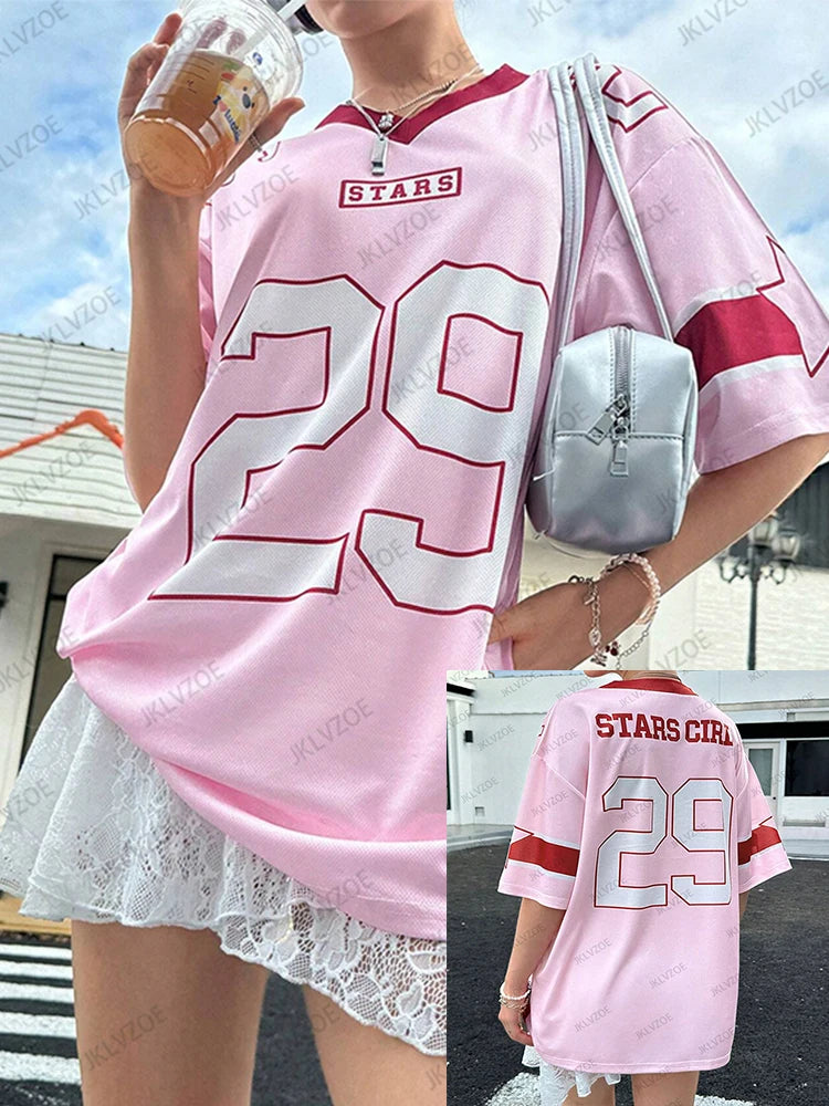 Oversized T-shirt For Women V-Neck Short Sleeve Summer Pink Patchwork 29 Printed Streetwear Tops Casual Football Jersey Y2k Tees