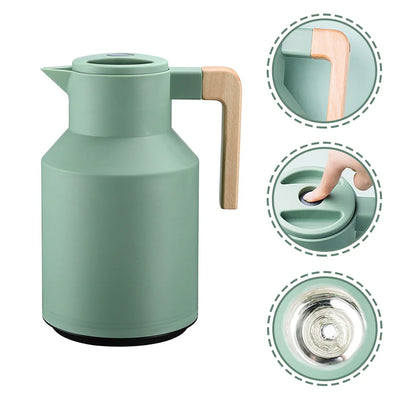 Household Insulated Pot Thermal Carafe with Glass Liner Wooden Handle Portable Hot Water Kettle Long Heat Preservation Washable