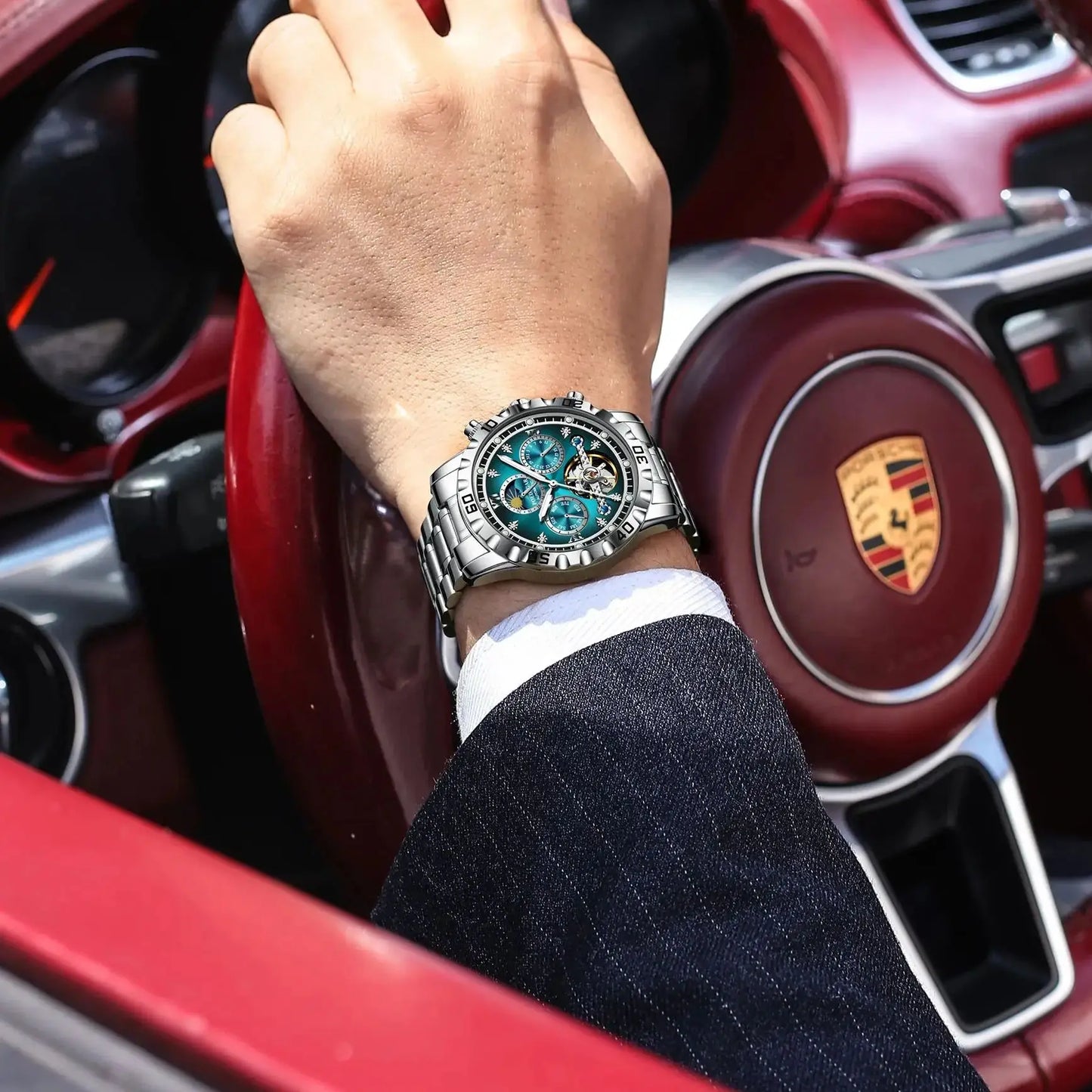 POEDAGAR Military Luxury Men Clock Mechanical Waterproof Man Watch Hollow Tourbillon Automatic Stainless Steel Men's Watches+Box