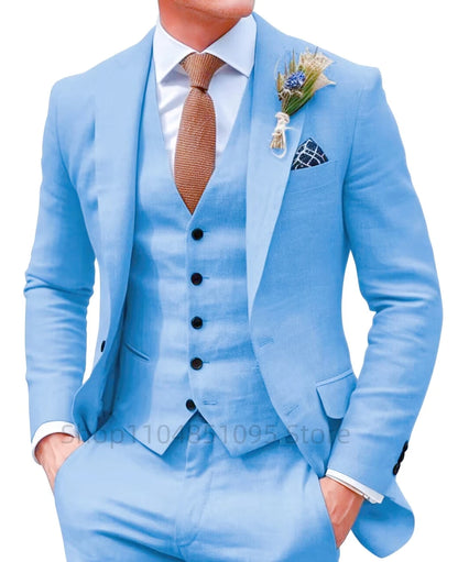 3 Piece Beige/Blue Linen Wedding Men Suits Summer Groom Tuxedos Casual Beach Man Suits Set Jacket Vest with Pants for Party Prom