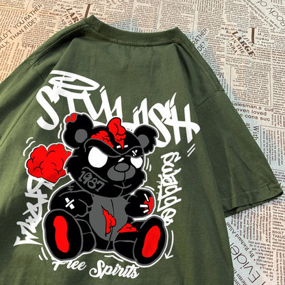 Exploding Black Puppet Bear Men Women T-Shirts High Quality Cotton Tops Summer Loose T Shirts Simplicity Breathable Streetwear