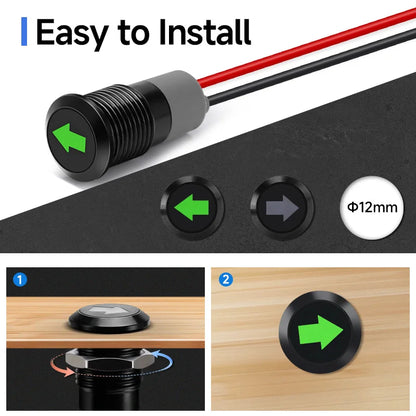 12mm Waterproof LED Indicator Light 12V Single Arrow Car Turn Signal 24V Green LED Metal Dashboard Pilot Lamp with 300mm Wire