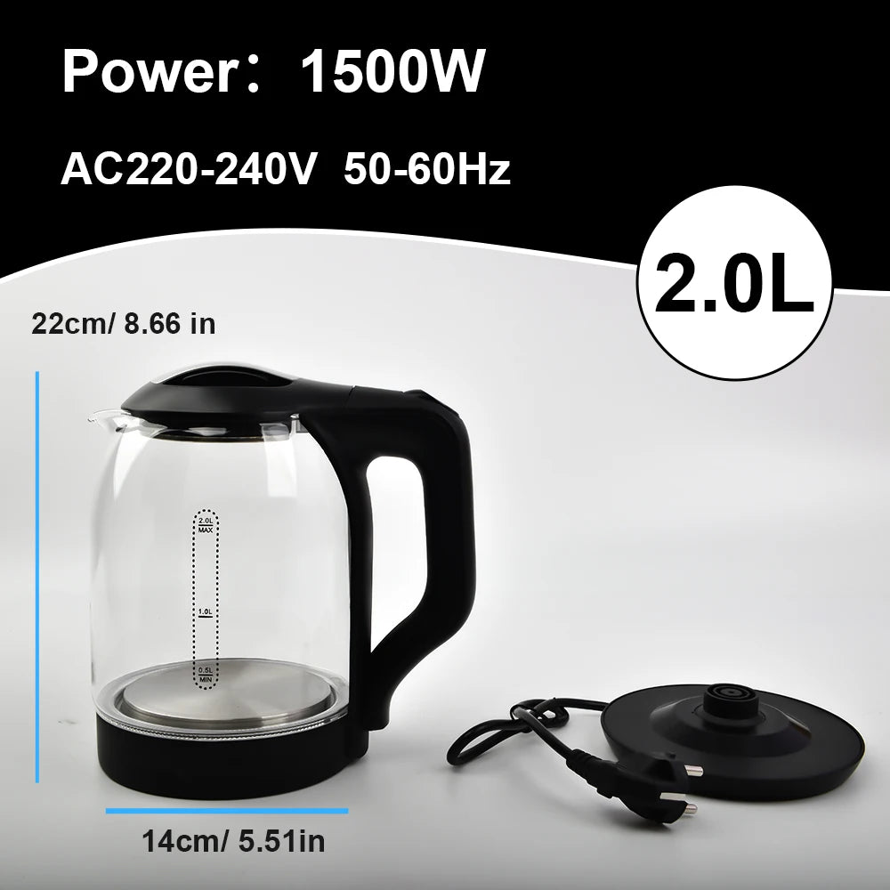 2.0L Electric Glass Kettle Fast Boil Auto Shut Off Dry Boil Protection Borosilicate Glass  Kitchen Appliance for Home