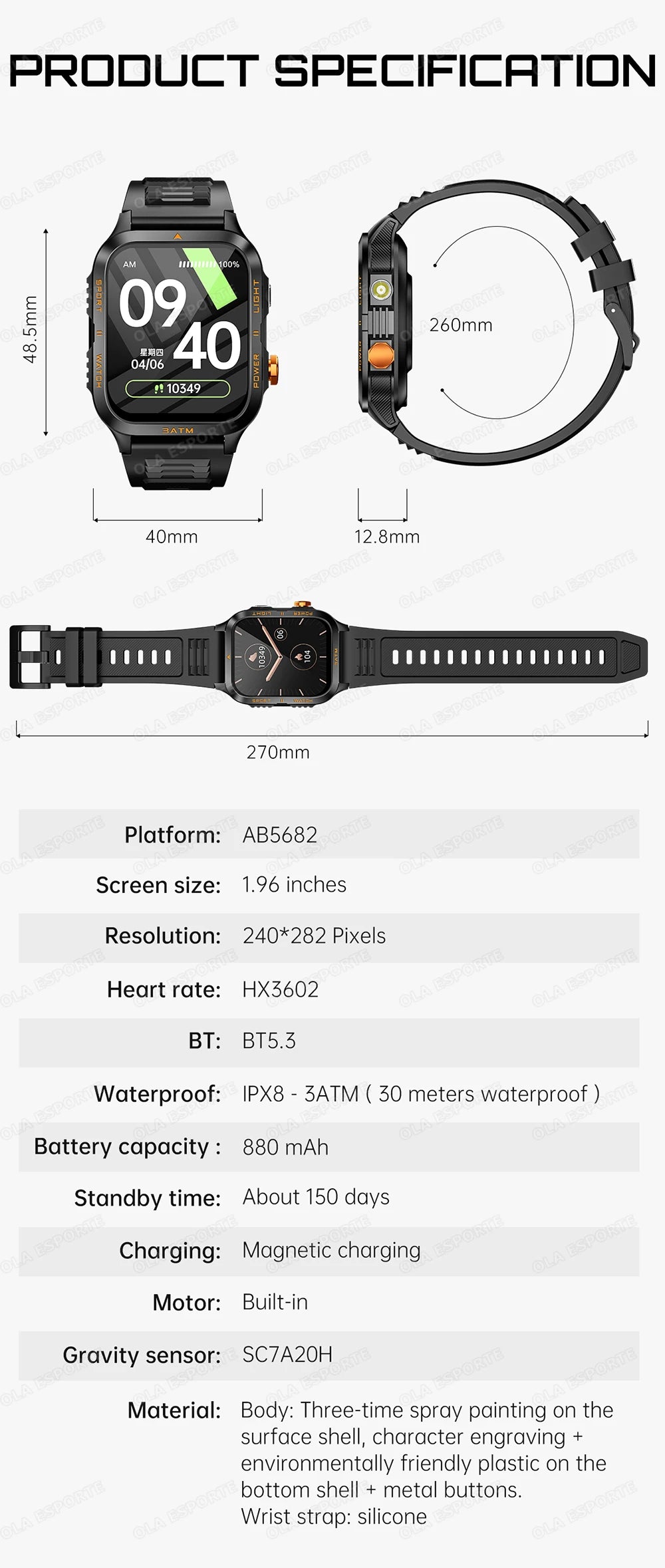 Smart Watch For Android IOS AMOLED Screen Bluetooth Call Fitness Clock 100+ Sports Modes Pedometer 880mAh Battery Men Smartwatch