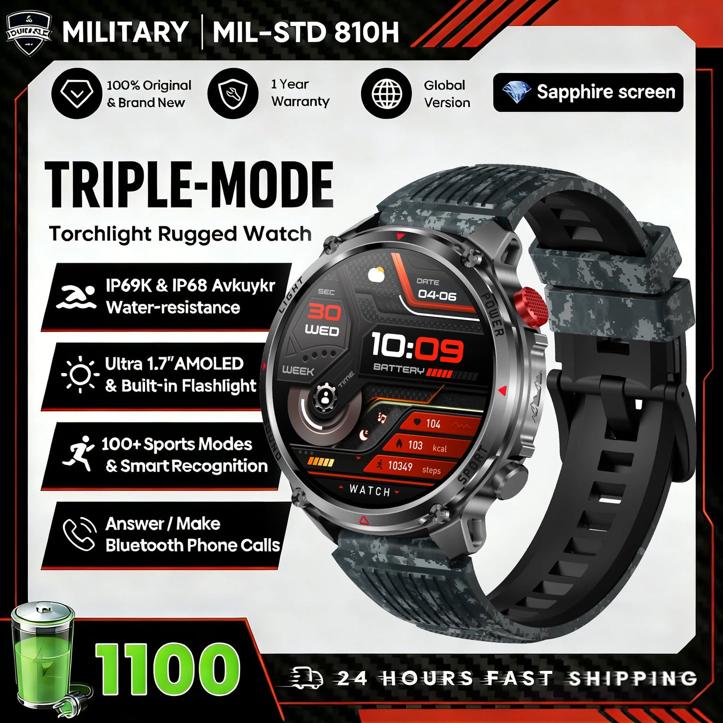 1100mAh Super Capacity Battery Military Outdoor Smart Watch Men 1.7inch Screen Compass Bluetooth Call 3ATM Waterproof SmartWatch
