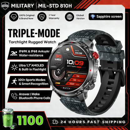 1100mAh Super Capacity Battery Military Outdoor Smart Watch Men 1.7inch Screen Compass Bluetooth Call 3ATM Waterproof SmartWatch