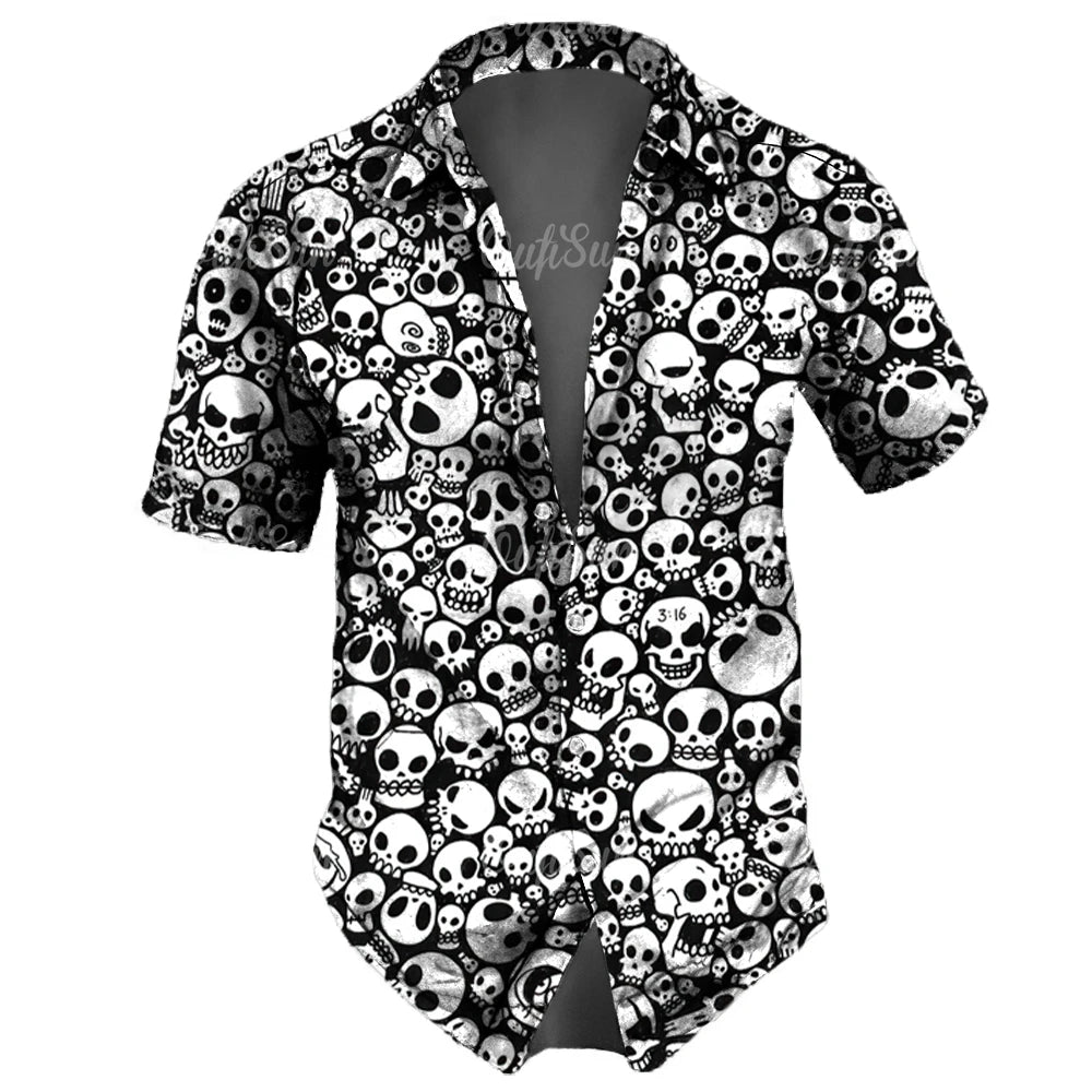 2023 Skull  Men's Shirts Lapel Streetwear Vintage Shirt For Men Street Hip Hop Short Sleeve Top Party Summer Men Hawaiian Shirts