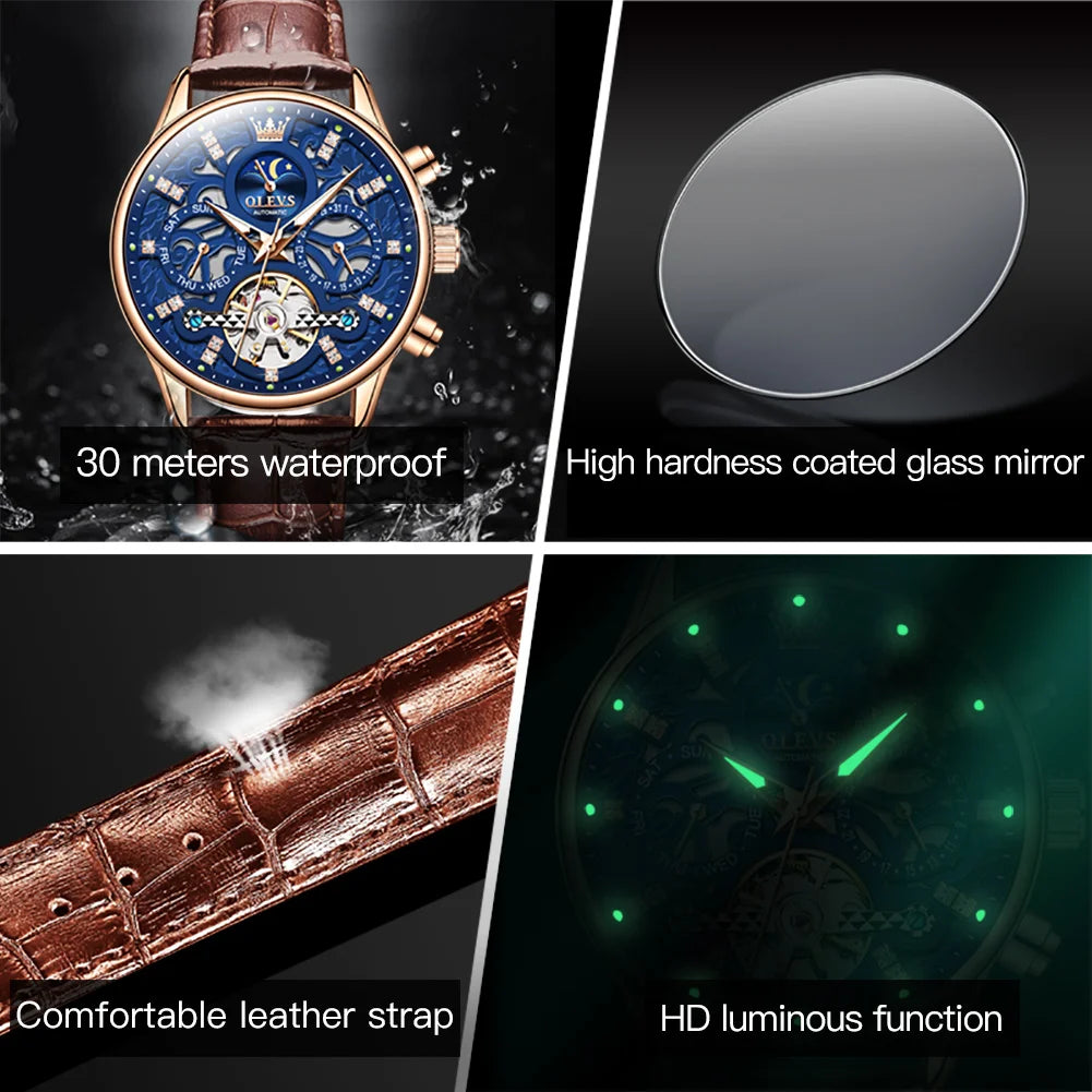 OLEVS 6658 Fashion Men's Watches Hollow Flywheel Automatic Mechanical Wristwatch Leather Strap Waterproof Luminous Moon Phase