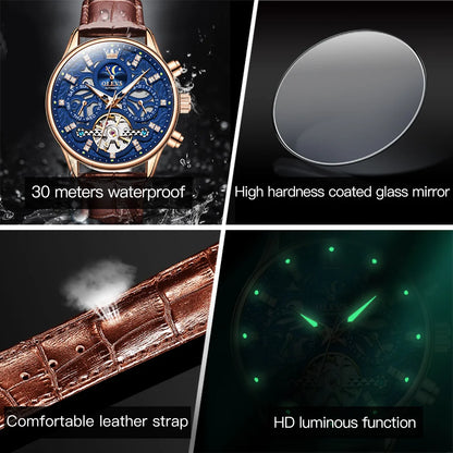OLEVS 6658 Fashion Men's Watches Hollow Flywheel Automatic Mechanical Wristwatch Leather Strap Waterproof Luminous Moon Phase