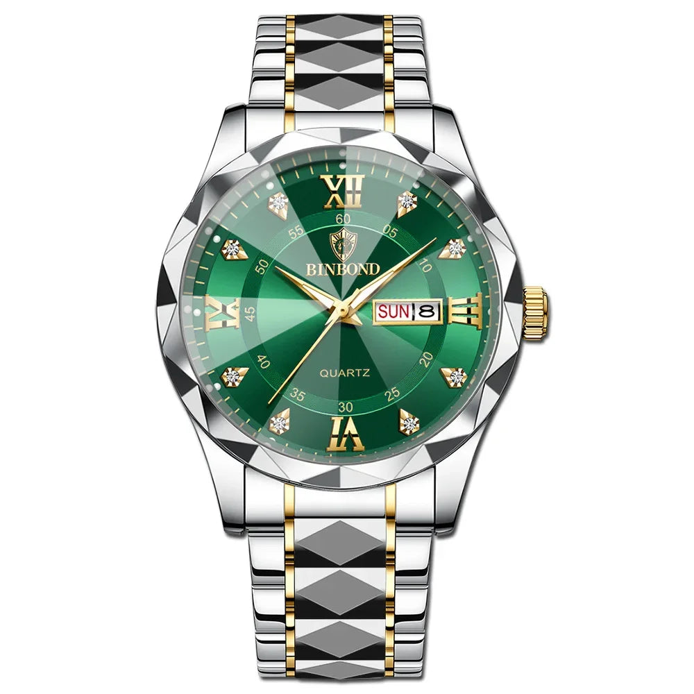 Binbang B2521 Men's Watch Waterproof Night Glow Double Calendar Watch Men's Business Quartz Watch Diamond Pointed Glass
