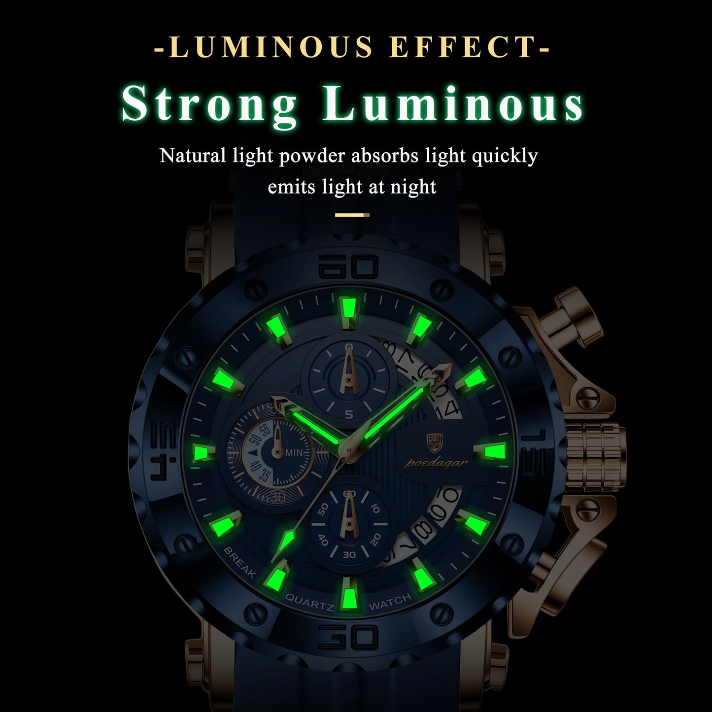 POEDAGAR Original Luxury Man Watch Chronograph Waterproof Luminous Sports Men Clock Calendar Silicone Strap Quartz Men's Watches