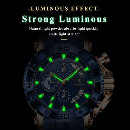 POEDAGAR Original Luxury Man Watch Chronograph Waterproof Luminous Sports Men Clock Calendar Silicone Strap Quartz Men's Watches